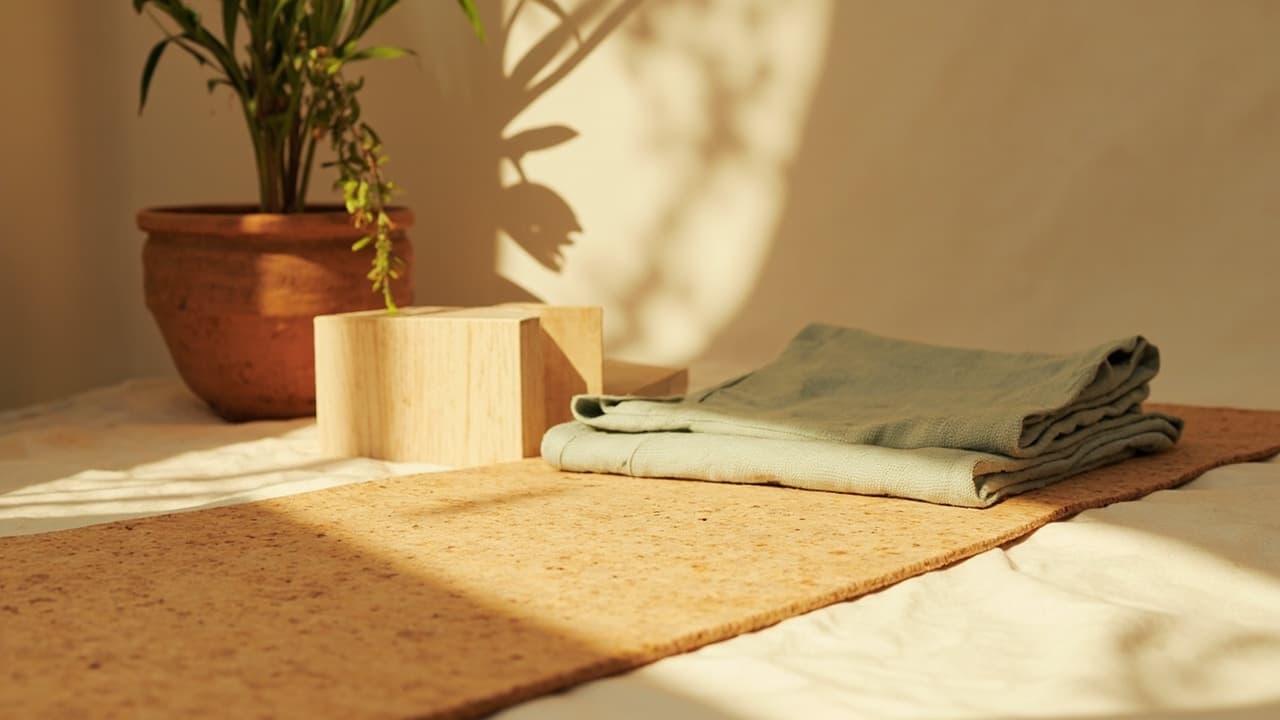 A cork mat laid out in soft light with folded sage-green blankets, wooden blocks and a potted plant.